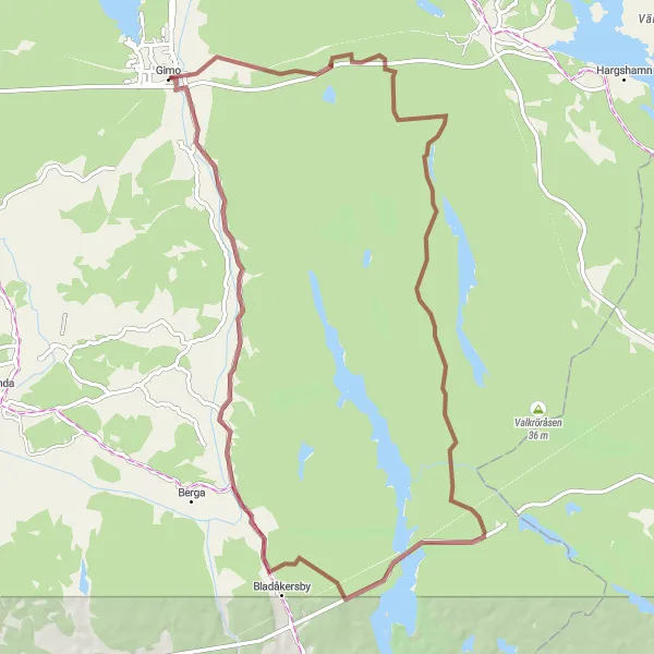 Map miniature of "Gimo to Fornbro Gravel Loop" cycling inspiration in Östra Mellansverige, Sweden. Generated by Tarmacs.app cycling route planner