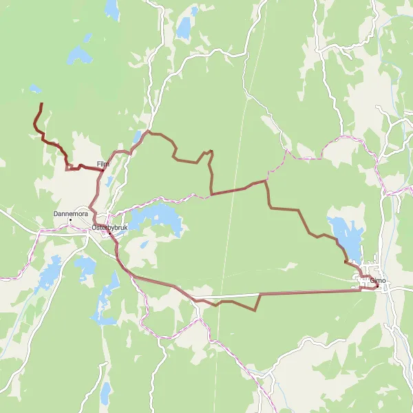 Kartminiatyr av "Grusvägsäventyret vid Gimodamm" cykelinspiration i Östra Mellansverige, Sweden. Genererad av Tarmacs.app cykelruttplanerare