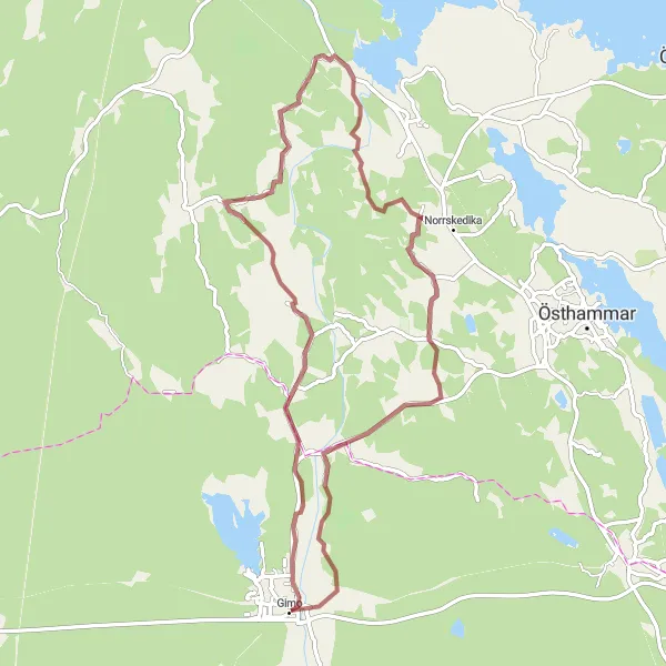 Kartminiatyr av "Kortare grusvägsrutt från Gimo" cykelinspiration i Östra Mellansverige, Sweden. Genererad av Tarmacs.app cykelruttplanerare