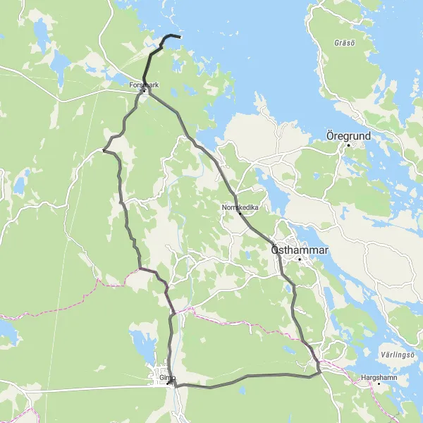 Map miniature of "Gimo to Harg Road Loop" cycling inspiration in Östra Mellansverige, Sweden. Generated by Tarmacs.app cycling route planner