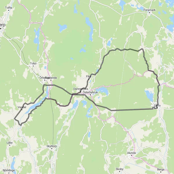 Map miniature of "Gimo Cycling Adventure" cycling inspiration in Östra Mellansverige, Sweden. Generated by Tarmacs.app cycling route planner