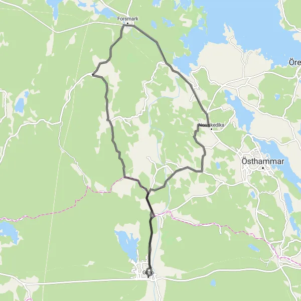 Map miniature of "Gimo Countryside Road Cycling Route" cycling inspiration in Östra Mellansverige, Sweden. Generated by Tarmacs.app cycling route planner