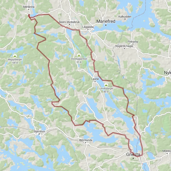 Map miniature of "Merlänna Adventure" cycling inspiration in Östra Mellansverige, Sweden. Generated by Tarmacs.app cycling route planner