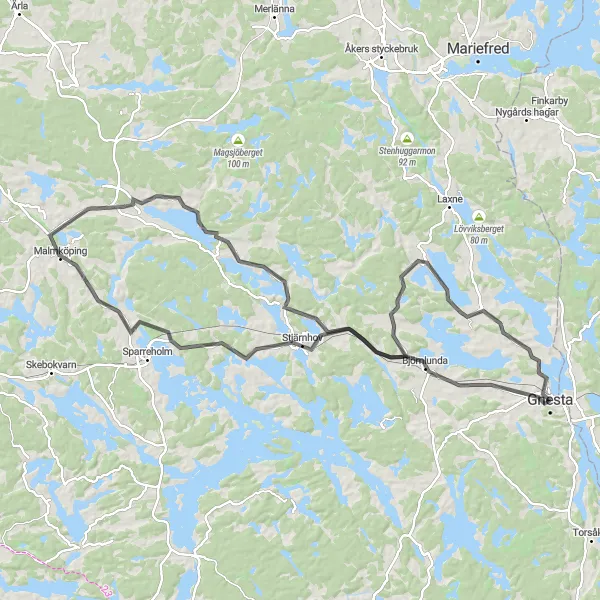 Map miniature of "Malmköping Magic" cycling inspiration in Östra Mellansverige, Sweden. Generated by Tarmacs.app cycling route planner