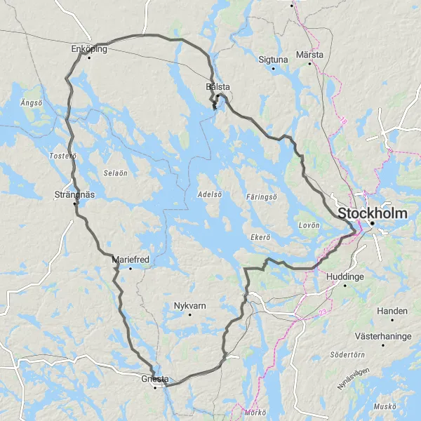 Kartminiatyr av "Landsbygdsutflykt med långa sträckor" cykelinspiration i Östra Mellansverige, Sweden. Genererad av Tarmacs.app cykelruttplanerare