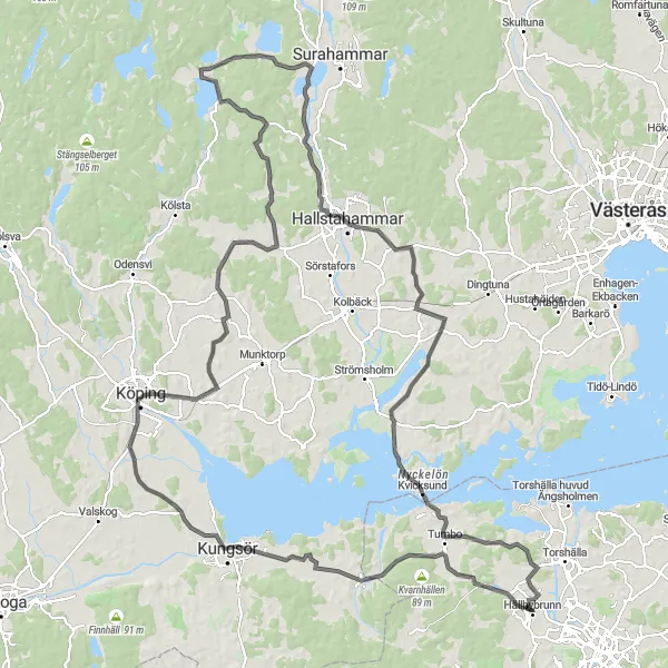 Map miniature of "Hällbybrunn Miniature Kingdom Adventure" cycling inspiration in Östra Mellansverige, Sweden. Generated by Tarmacs.app cycling route planner