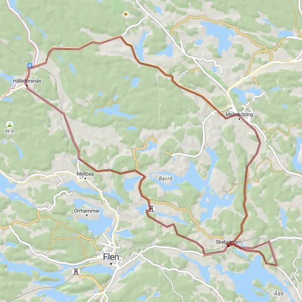 Map miniature of "Hälleforsnäs to Hälleforsnäs Gravel Cycling Route" cycling inspiration in Östra Mellansverige, Sweden. Generated by Tarmacs.app cycling route planner