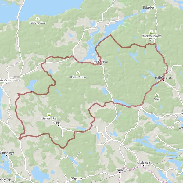 Map miniature of "Thrilling Gravel Challenge: Hälleforsnäs Fjällskäfte Abbotnäs Näshultasjön Cycling Route" cycling inspiration in Östra Mellansverige, Sweden. Generated by Tarmacs.app cycling route planner