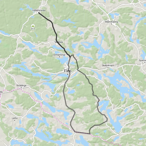 Map miniature of "Hälleforsnäs Loop" cycling inspiration in Östra Mellansverige, Sweden. Generated by Tarmacs.app cycling route planner