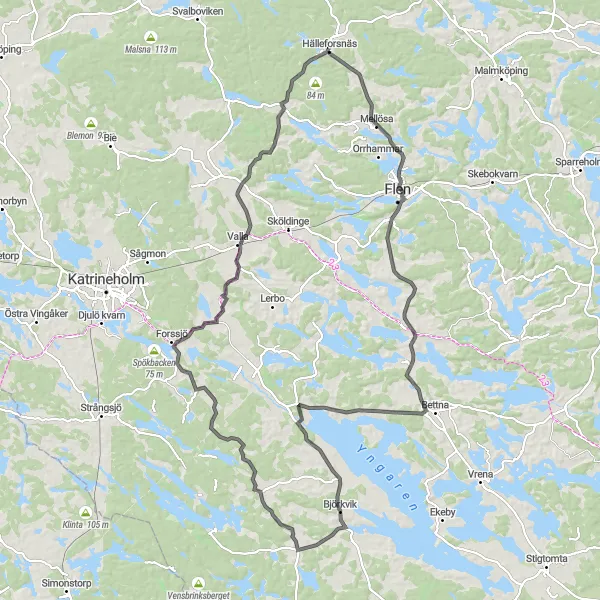 Kartminiatyr av "Hälleforsnäs - Björkvik landsvägsrunda" cykelinspiration i Östra Mellansverige, Sweden. Genererad av Tarmacs.app cykelruttplanerare