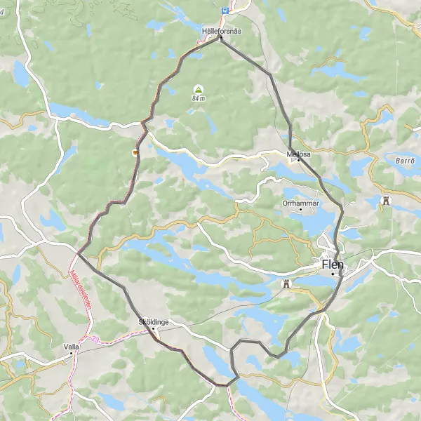 Map miniature of "Hälleforsnäs to Sköldinge Road Cycling Route" cycling inspiration in Östra Mellansverige, Sweden. Generated by Tarmacs.app cycling route planner