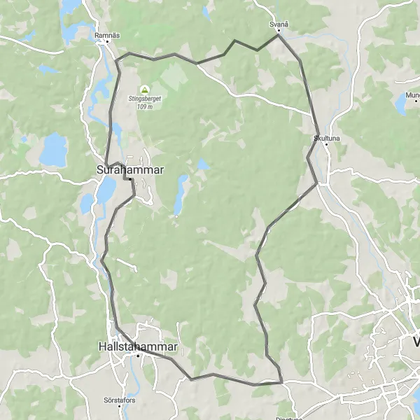 Map miniature of "The Scenic Road Loop" cycling inspiration in Östra Mellansverige, Sweden. Generated by Tarmacs.app cycling route planner