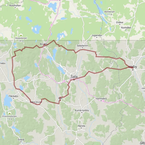 Kartminiatyr av "Heby - Sala - Sätra brunn - Salbohed - Broddbo - Härsta - Siggbo Cykeltur (grus)" cykelinspiration i Östra Mellansverige, Sweden. Genererad av Tarmacs.app cykelruttplanerare