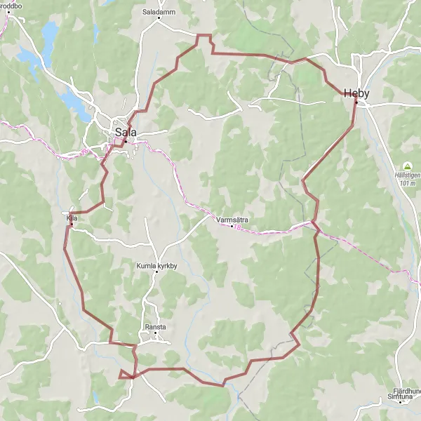 Map miniature of "Heby to Siggbo Gravel Cycling Route" cycling inspiration in Östra Mellansverige, Sweden. Generated by Tarmacs.app cycling route planner