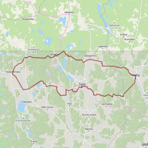 Map miniature of "Heby Gravel Adventure" cycling inspiration in Östra Mellansverige, Sweden. Generated by Tarmacs.app cycling route planner