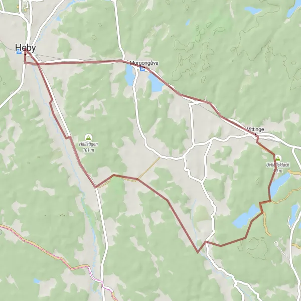 Kartminiatyr av "Heby - Vittinge - Uvhällsklack Cykeltur (grus)" cykelinspiration i Östra Mellansverige, Sweden. Genererad av Tarmacs.app cykelruttplanerare