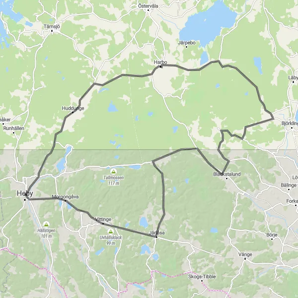 Map miniature of "Heby to Morgongåva Road Cycling Route" cycling inspiration in Östra Mellansverige, Sweden. Generated by Tarmacs.app cycling route planner