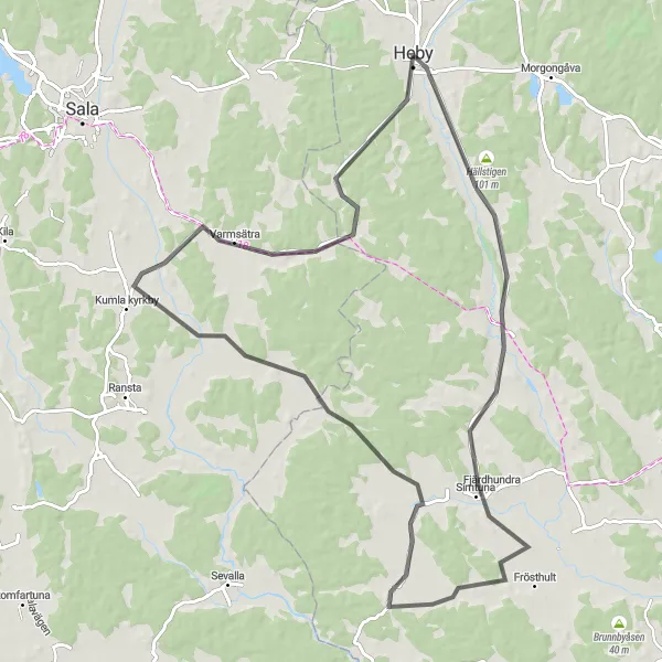 Map miniature of "Heby to Varmsätra Road Cycling Route" cycling inspiration in Östra Mellansverige, Sweden. Generated by Tarmacs.app cycling route planner