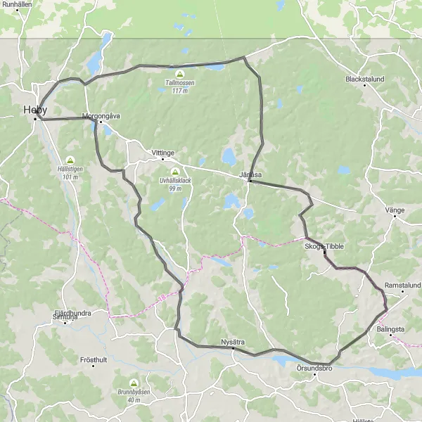 Kartminiatyr av "Heby - Tallmossen - Järlåsa - Skogs-Tibble - Salnecke slott - Torstuna - Morgongåva Cykeltur (väg)" cykelinspiration i Östra Mellansverige, Sweden. Genererad av Tarmacs.app cykelruttplanerare