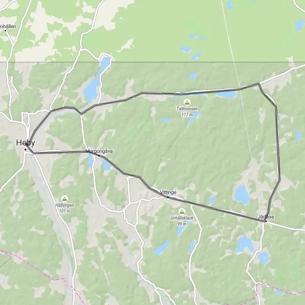 Kartminiatyr av "Cykling i Landskapet runt Heby" cykelinspiration i Östra Mellansverige, Sweden. Genererad av Tarmacs.app cykelruttplanerare