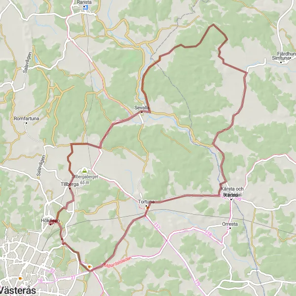 Map miniature of "Tillberga and Sevalla Gravel Loop" cycling inspiration in Östra Mellansverige, Sweden. Generated by Tarmacs.app cycling route planner