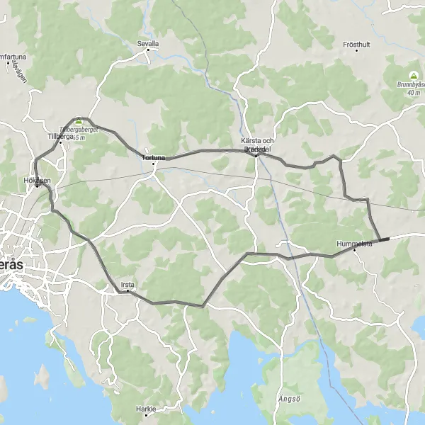 Map miniature of "Tillberga and Irsta Road Loop" cycling inspiration in Östra Mellansverige, Sweden. Generated by Tarmacs.app cycling route planner