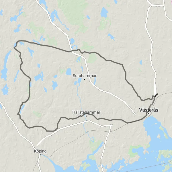 Kartminiatyr av "Väglösningar i Mellansverige" cykelinspiration i Östra Mellansverige, Sweden. Genererad av Tarmacs.app cykelruttplanerare