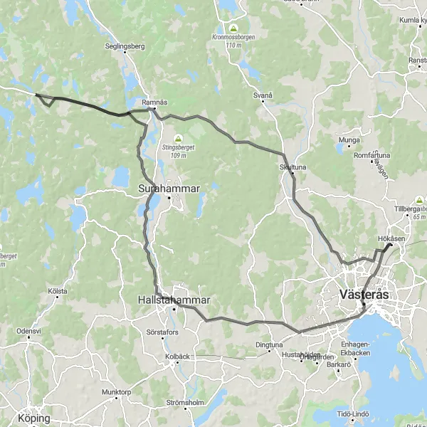 Kartminiatyr av "Vägcykling genom Västmanland" cykelinspiration i Östra Mellansverige, Sweden. Genererad av Tarmacs.app cykelruttplanerare