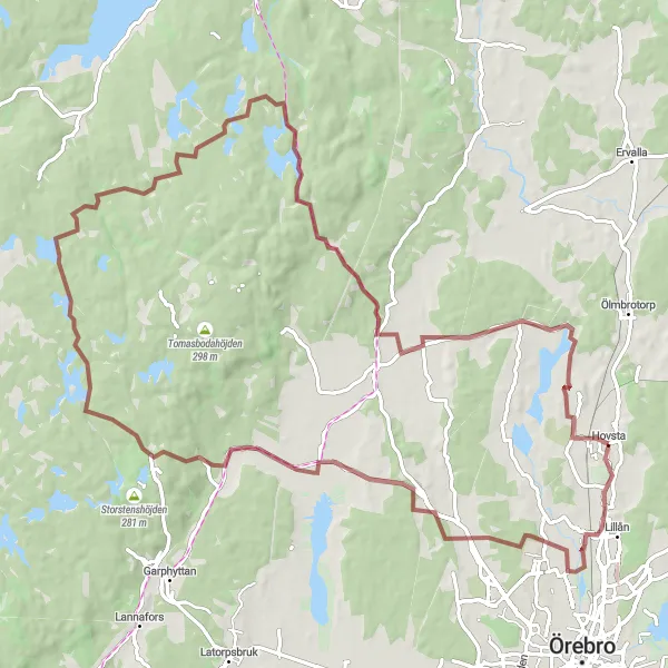 Map miniature of "Challenging Gravel Ride to Hovsta and Sånnaboda" cycling inspiration in Östra Mellansverige, Sweden. Generated by Tarmacs.app cycling route planner