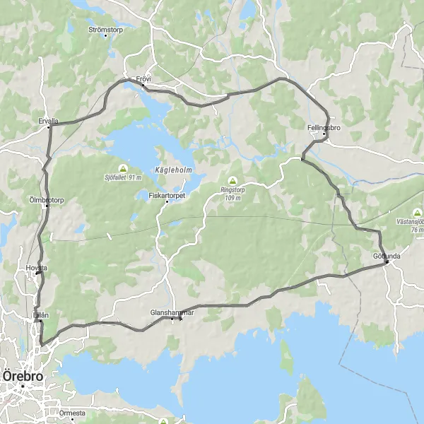 Map miniature of "Frövi and Glanshammar Circular Route" cycling inspiration in Östra Mellansverige, Sweden. Generated by Tarmacs.app cycling route planner