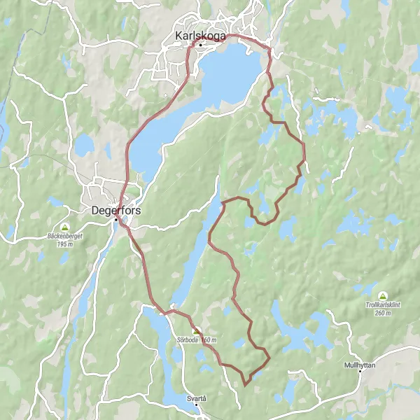 Map miniature of "Våtsjön and Ölsboda Gravel Adventure" cycling inspiration in Östra Mellansverige, Sweden. Generated by Tarmacs.app cycling route planner