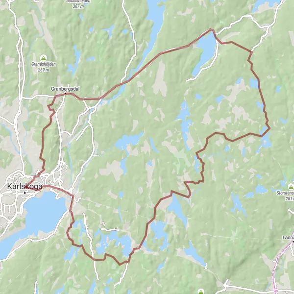 Kartminiatyr av "Upplevelserik grustur till Karlskoga" cykelinspiration i Östra Mellansverige, Sweden. Genererad av Tarmacs.app cykelruttplanerare