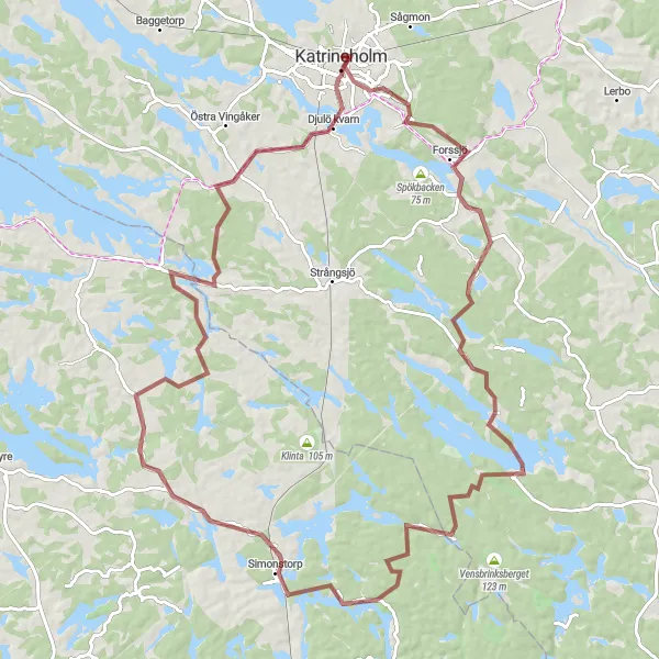 Map miniature of "Scenic Gravel Loop to Djupvik" cycling inspiration in Östra Mellansverige, Sweden. Generated by Tarmacs.app cycling route planner