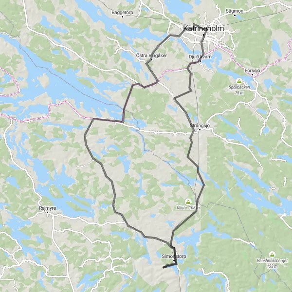 Map miniature of "Katrineholm Exploration" cycling inspiration in Östra Mellansverige, Sweden. Generated by Tarmacs.app cycling route planner