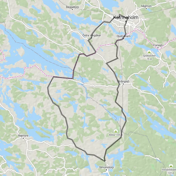 Map miniature of "Katrineholm Road Loop" cycling inspiration in Östra Mellansverige, Sweden. Generated by Tarmacs.app cycling route planner