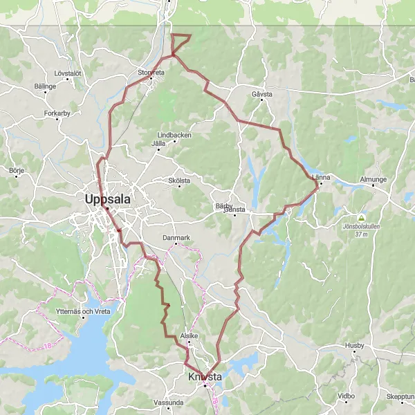 Kartminiatyr av "Uppsala och Trehörningen sjö via Storvreta" cykelinspiration i Östra Mellansverige, Sweden. Genererad av Tarmacs.app cykelruttplanerare