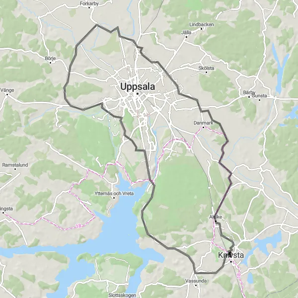 Kartminiatyr av "Slingrande cykeltur från Knivsta till Alsike" cykelinspiration i Östra Mellansverige, Sweden. Genererad av Tarmacs.app cykelruttplanerare