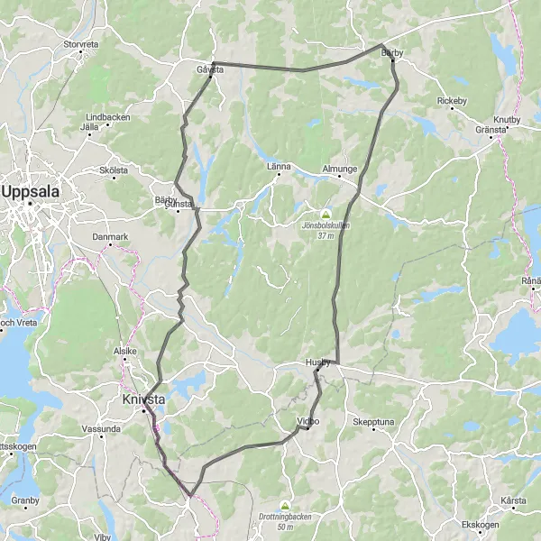 Kartminiatyr av "Historiska platser och naturskön cykeltur från Knivsta till Husby" cykelinspiration i Östra Mellansverige, Sweden. Genererad av Tarmacs.app cykelruttplanerare