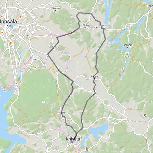 Map miniature of "Scenic Road Tour near Knivsta" cycling inspiration in Östra Mellansverige, Sweden. Generated by Tarmacs.app cycling route planner