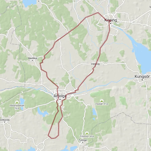 Map miniature of "Gravel Adventure in Köping" cycling inspiration in Östra Mellansverige, Sweden. Generated by Tarmacs.app cycling route planner