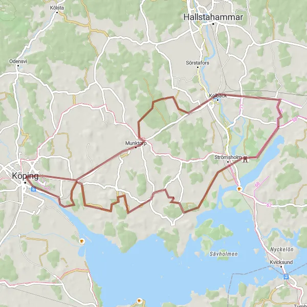 Kartminiatyr av "Slingrande grusvägar genom landsbygden" cykelinspiration i Östra Mellansverige, Sweden. Genererad av Tarmacs.app cykelruttplanerare