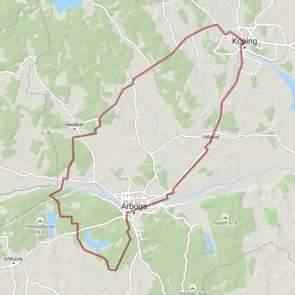 Map miniature of "Arboga Gravel Loop" cycling inspiration in Östra Mellansverige, Sweden. Generated by Tarmacs.app cycling route planner