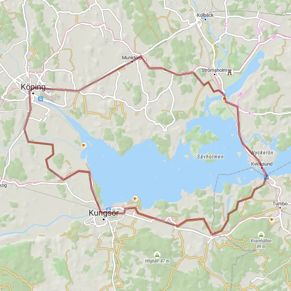 Map miniature of "Kungsör Gravel Ride" cycling inspiration in Östra Mellansverige, Sweden. Generated by Tarmacs.app cycling route planner