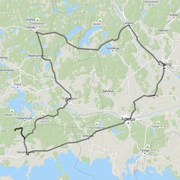 Map miniature of "Exploring Bergslagen" cycling inspiration in Östra Mellansverige, Sweden. Generated by Tarmacs.app cycling route planner