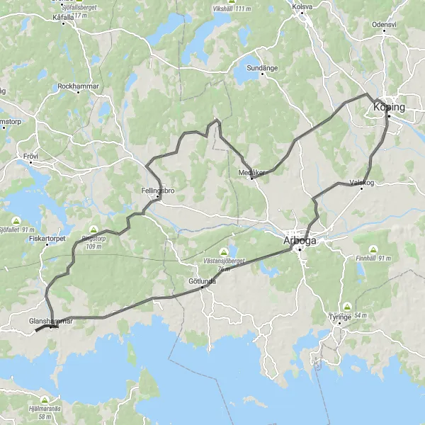 Kartminiatyr av "Vackra Vägar av Västmanland" cykelinspiration i Östra Mellansverige, Sweden. Genererad av Tarmacs.app cykelruttplanerare