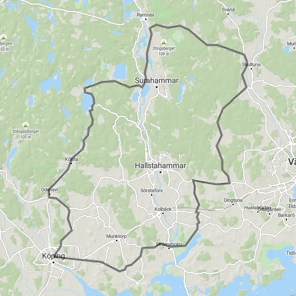 Kartminiatyr av "Vägcykling mot Strömsholm och tillbaka från Köping" cykelinspiration i Östra Mellansverige, Sweden. Genererad av Tarmacs.app cykelruttplanerare