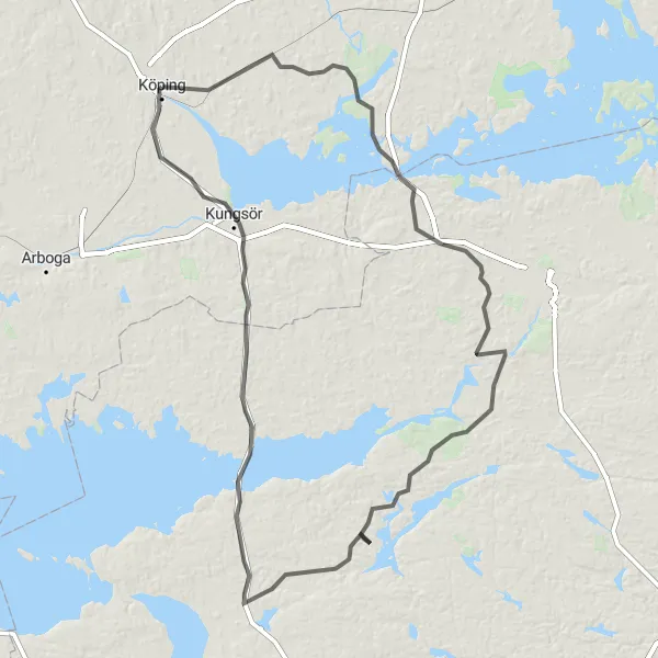 Map miniature of "Köping Road Adventure" cycling inspiration in Östra Mellansverige, Sweden. Generated by Tarmacs.app cycling route planner