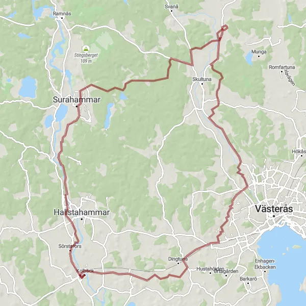 Map miniature of "Sörstafors and Eriksborg Gravel Ride" cycling inspiration in Östra Mellansverige, Sweden. Generated by Tarmacs.app cycling route planner