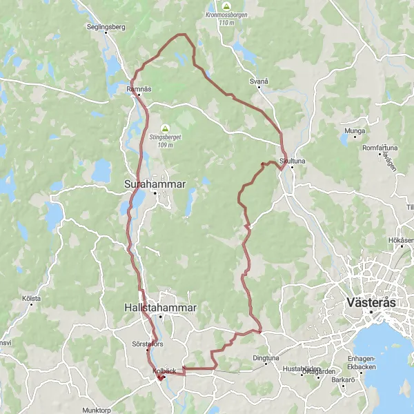 Map miniature of "Sörstafors and Skultuna Gravel Adventure" cycling inspiration in Östra Mellansverige, Sweden. Generated by Tarmacs.app cycling route planner