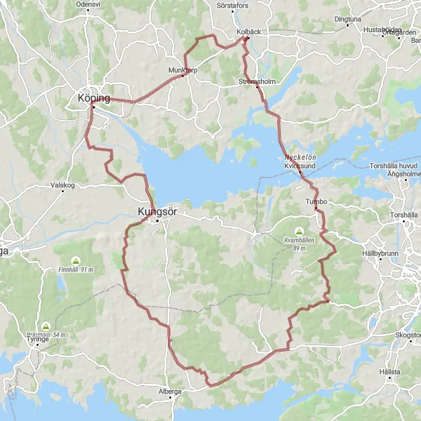 Map miniature of "Kvicksund and Kungsör Gravel Expedition" cycling inspiration in Östra Mellansverige, Sweden. Generated by Tarmacs.app cycling route planner